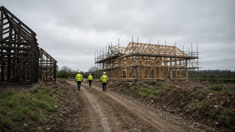 Timber house frames and scaffolding on a greenfield building site in England under flat grey skies, workers in hi-vis walking along a dirt track, no logos or readable text