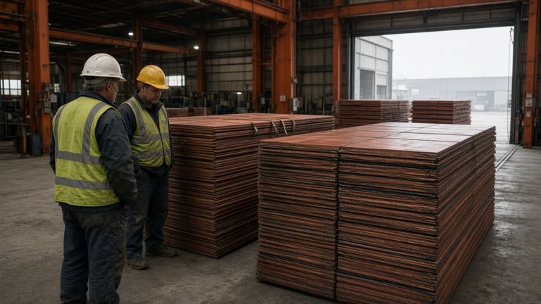 Workers in hard hats beside stacked copper cathode sheets in a warehouse loading bay, overcast light through open doors, orange metal and concrete floor, safety vests without readable badges, no logos or readable text