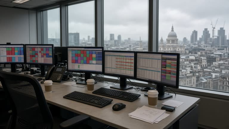 City of London trading desk with multiple monitors showing colour-coded price tiles and a window view of overcast skies, coffee cups and scattered keyboards, no logos or readable text