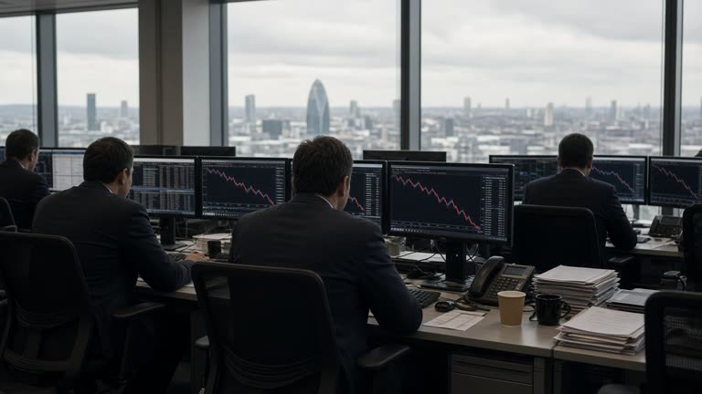 A London equities trading floor minutes after the 4.30pm close, two traders in shirtsleeves seen from behind watching a wall of monitors showing unsigned falling index charts and blurred red-and-green numeric grids, a printed market-close sheet and paper cups on a shared desk, banks of blank screens reflected in a window, cool monitor glow against late-afternoon grey light, documentary wire photo, slight underexposure, no identifiable faces, no logos or readable text