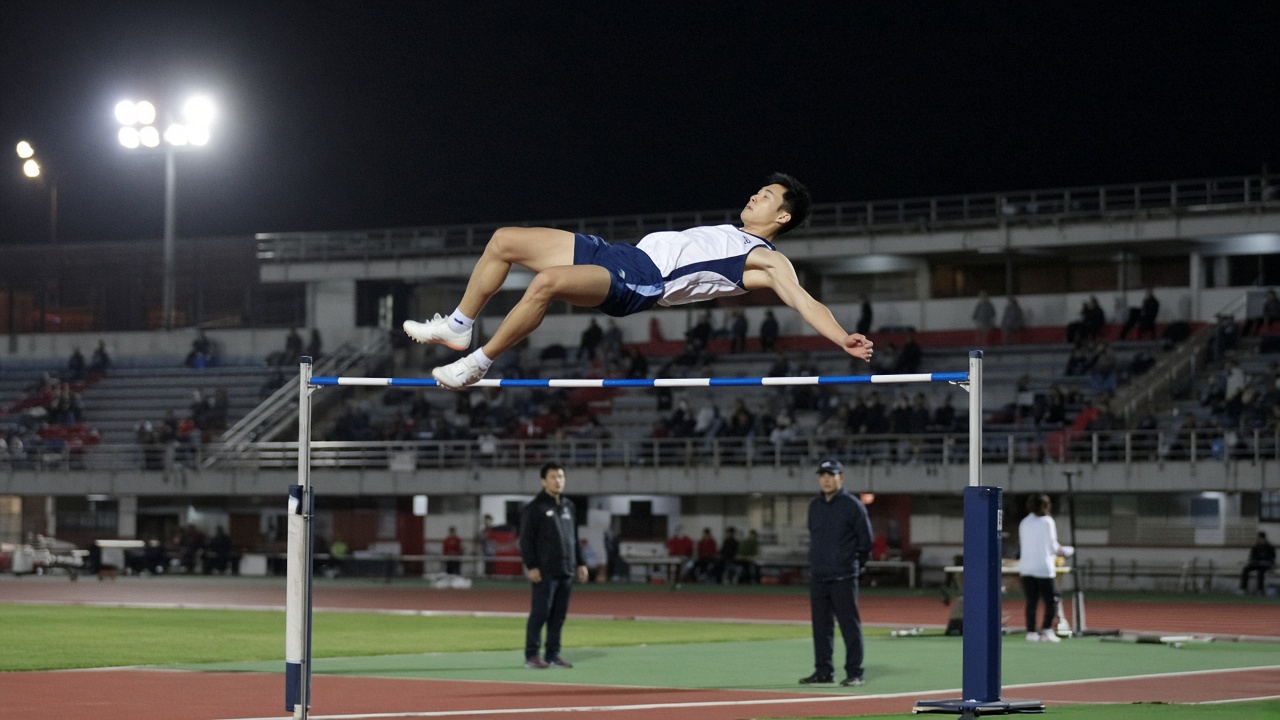 Taiwanese high jumper Fu Chao-hsuan in white and blue uniform clearing the bar at the Nagoya Asian Games stadium with officials and a sparse night crowd in the background