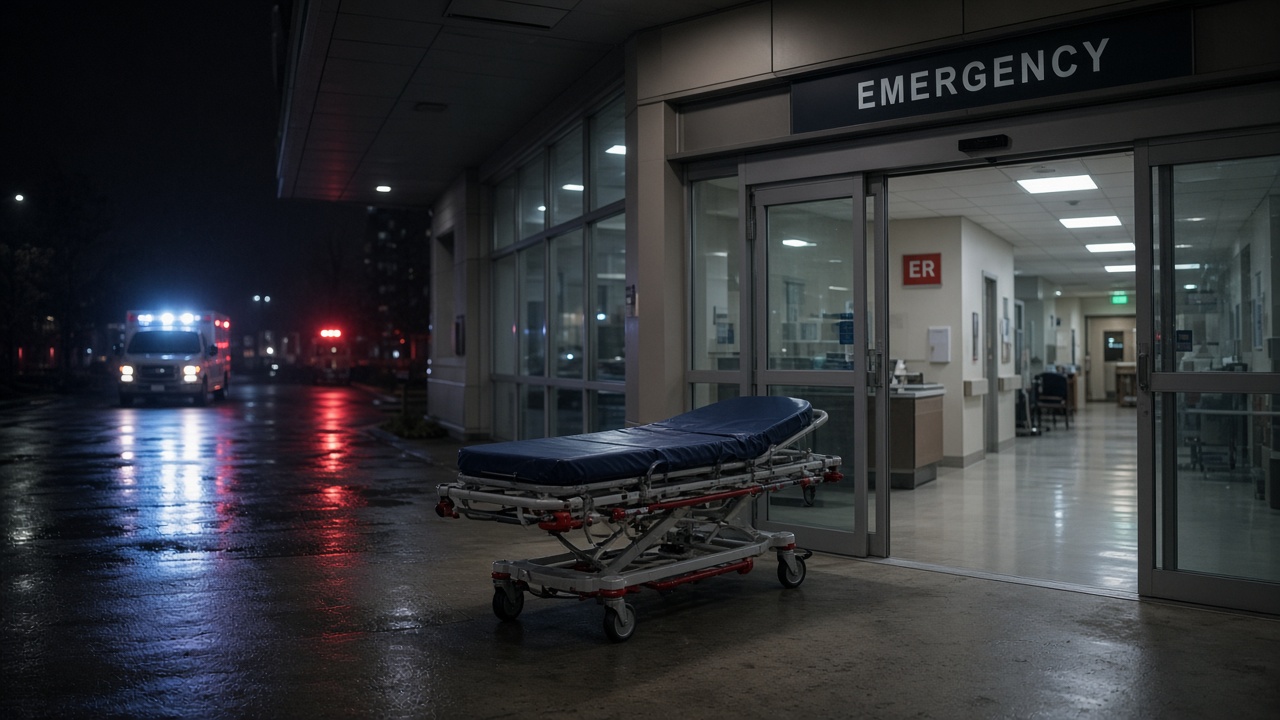 Hospital emergency bay entrance at night with ambulance bay lighting and empty gurney in corridor, no logos or readable text