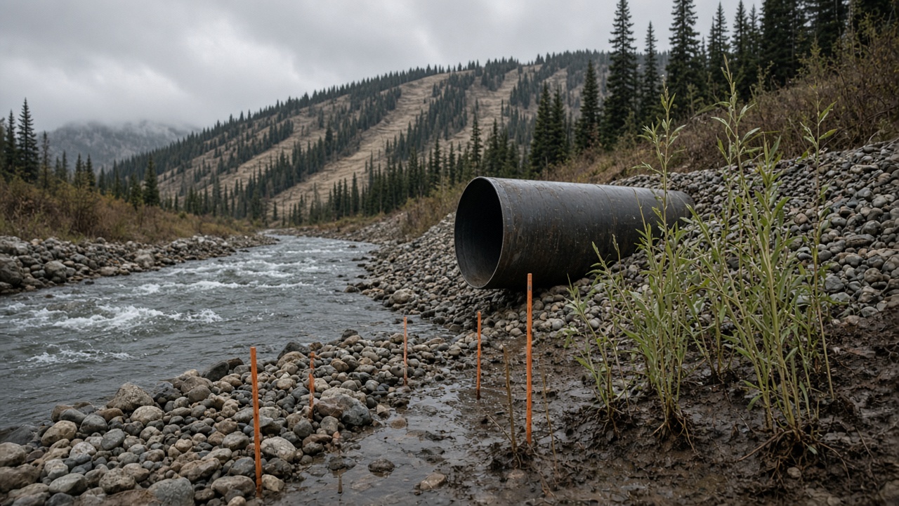 Mountain stream intake pipe with freshly planted willow seedlings on the bank, ski slope treeline in the distance under overcast sky, wet cobbles, orange survey stakes, no logos or readable text
