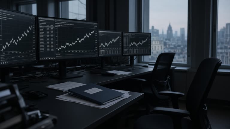 A dim London financial trading room before dawn, several monitor banks showing unsigned rising line charts and blurred numeric tables, a paper budget folder and unmarked documents on a desk, empty ergonomic chairs, cool monitor glow against grey window light, documentary wire photo, slight underexposure, no identifiable faces, no logos or readable text