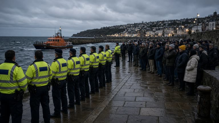 Harbour quay at dusk with police officers in high-visibility jackets facing a crowd, RNLI lifeboat visible in the background water, overcast Channel coast light, documentary wire style, no readable protest signs
