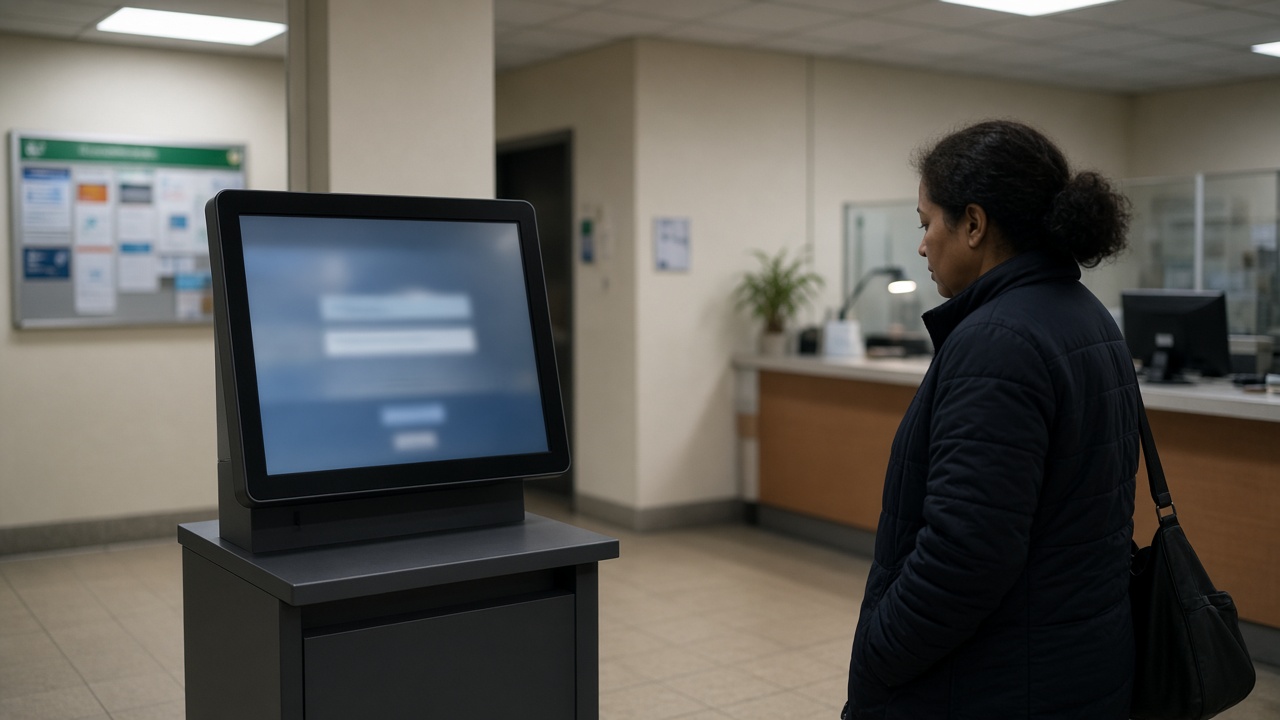 Government office reception area with a digital kiosk screen showing a blurred login interface, beige walls, safety signage out of focus, fluorescent lights, no readable text