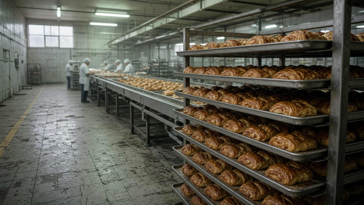 Industrial bakery line with metal trays of pastries under fluorescent lights, workers in hairnets at a distance, scuffed tile floor, overcast daylight through high windows, no logos or readable text