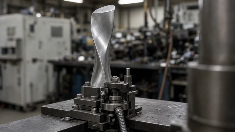 Aerospace workshop with a turbine blade mounted on a vibration test rig under industrial lighting, blurred tooling in background, no logos or readable text