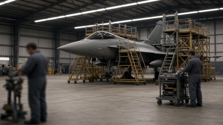 Military aircraft hangar interior with a fighter jet on maintenance scaffolding, mechanics in coveralls blurred, overhead strip lighting, concrete floor, no logos or readable text