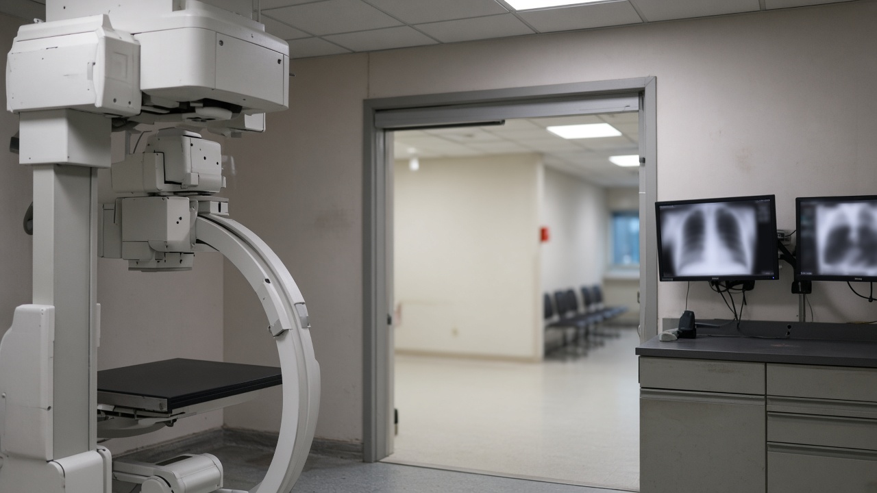 Regional hospital radiology room with X-ray equipment and monitors showing blurred greyscale scans, clinical lighting, corridor glimpse to waiting area, no logos or readable text