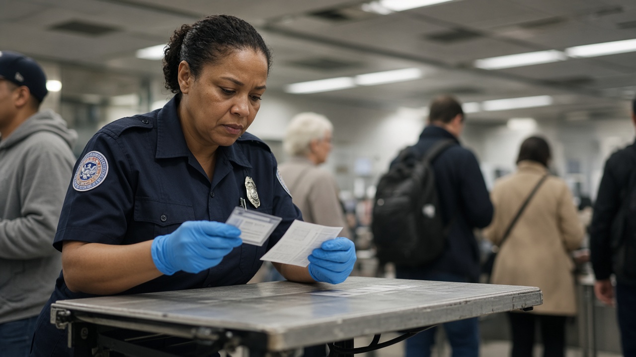 Airport gate area with a folding table where a uniformed security officer compares a boarding pass to an ID under harsh terminal lighting, blurred passengers in background, no readable text on documents
