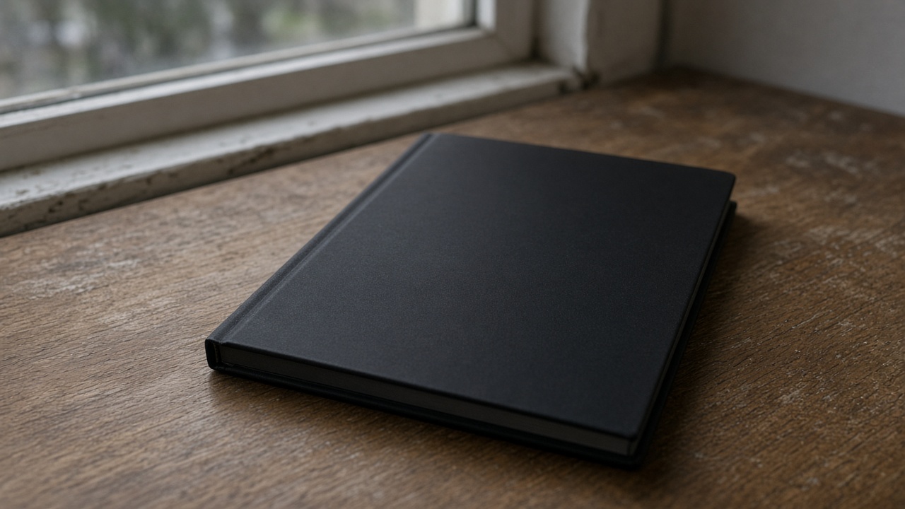 Closed unlabeled black hardcover notebook face-down on a wood desk, blank cover, overcast window light, no people, no logos, no readable text