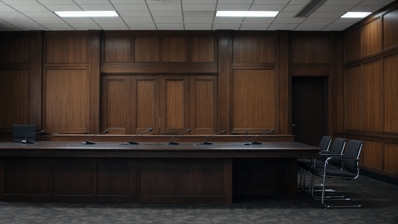 Parliament House economics hearing room, empty witness table with gooseneck microphones, timber panelling, cool fluorescent light, no nameplates or readable text.