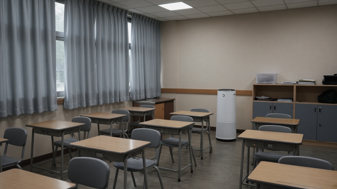 Primary school classroom with air purifier unit beside desks, curtains drawn against hazy daylight, fluorescent ceiling lights, empty chairs, no people, no logos or readable text