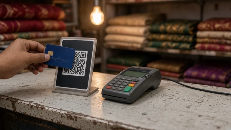Indian shop counter with a plastic RuPay credit card tapped on a UPI QR stand next to a basic card terminal, sari fabric bolts blurred in background, warm tungsten bulb and worn Formica surface, no logos or readable text