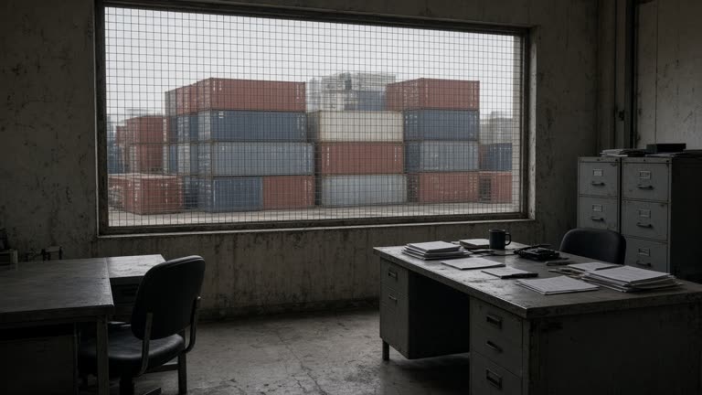Industrial export office with stacked shipping containers visible through a wire-mesh window on an overcast day, scuffed concrete floor, no logos or readable text