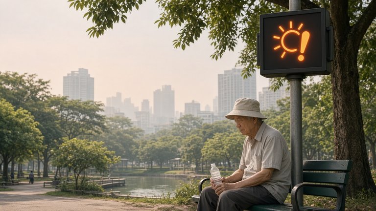 Park bench in Taipei on a hazy summer afternoon with a heat-warning sign and a walker resting with a water bottle