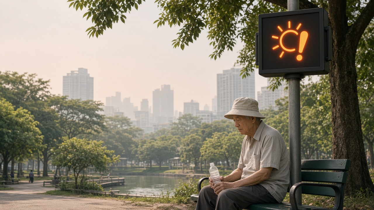 Park bench in Taipei on a hazy summer afternoon with a heat-warning sign and a walker resting with a water bottle