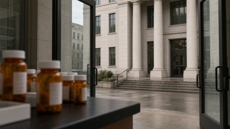 Federal health department building entrance with glass doors and limestone columns under flat midday light, blurred prescription pill bottles on a clinic counter in foreground, no logos or readable text