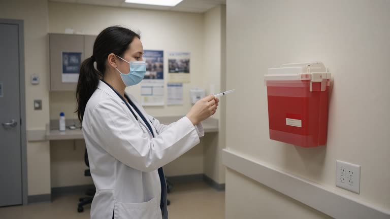 A university student health clinic exam room with a clinician holding a sealed vaccine syringe beside a wall-mounted sharps container, beige linoleum floor, fluorescent light, blurred campus posters, no logos or readable text