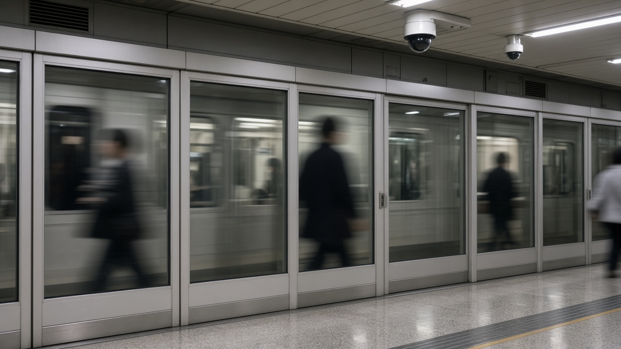 Platform screen doors at a Japanese subway station with ceiling-mounted cameras, passengers blurred, no readable signage.