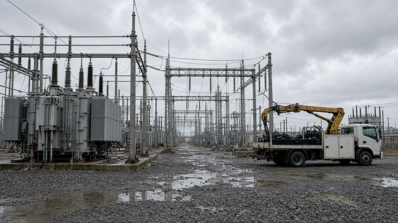 High-voltage substation yard with transformers and busbars under overcast coastal sky, maintenance truck nearby, no logos or readable text
