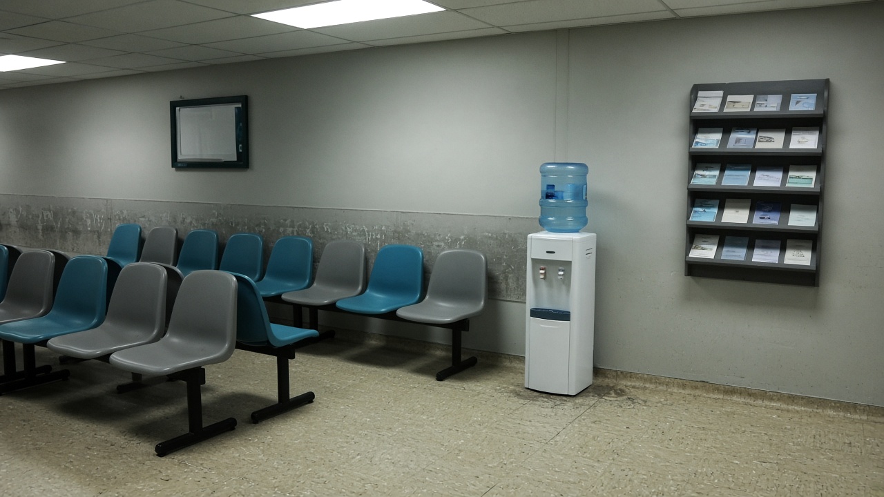 Hospital waiting area with molded plastic chairs, a water cooler, and a wall-mounted literature rack holding folded brochures; fluorescent ceiling panels, scuffed linoleum, no readable text on signs.