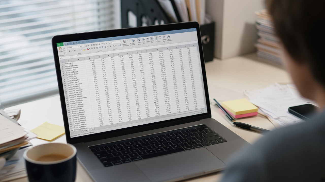 Over-the-shoulder view of a laptop on a cluttered office desk showing a dense spreadsheet-style grid with tiny rows, no readable cell text; coffee mug and sticky notes at the edge of frame.