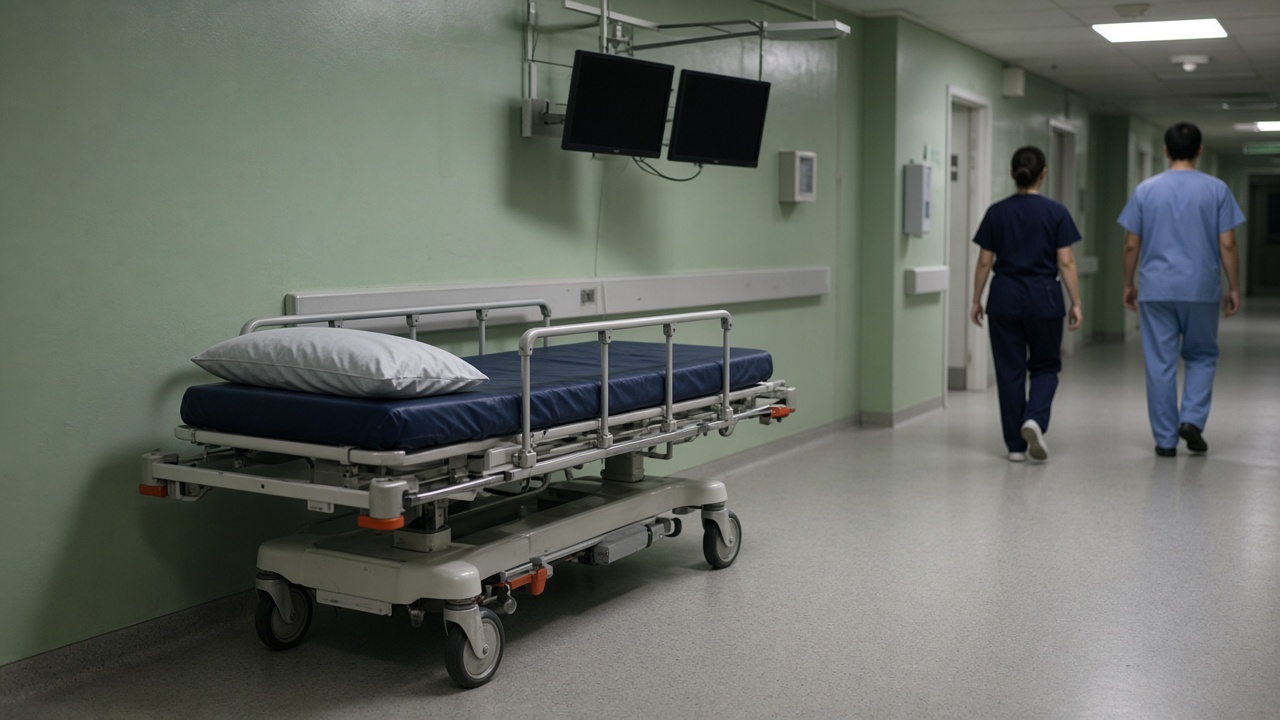 Emergency department corridor with pale green walls, gurney parked against the wall, overhead clinical monitors with blank screens, staff figures turned away at a distance, no readable badges or signage.