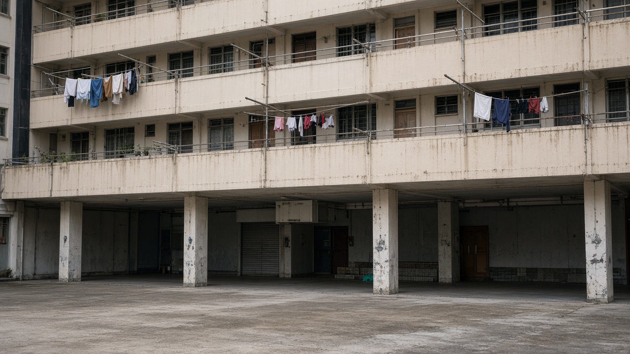 Exterior of a beige HDB block in Hougang on an overcast afternoon, laundry poles on balconies, empty void deck, no readable block numbers or signs.