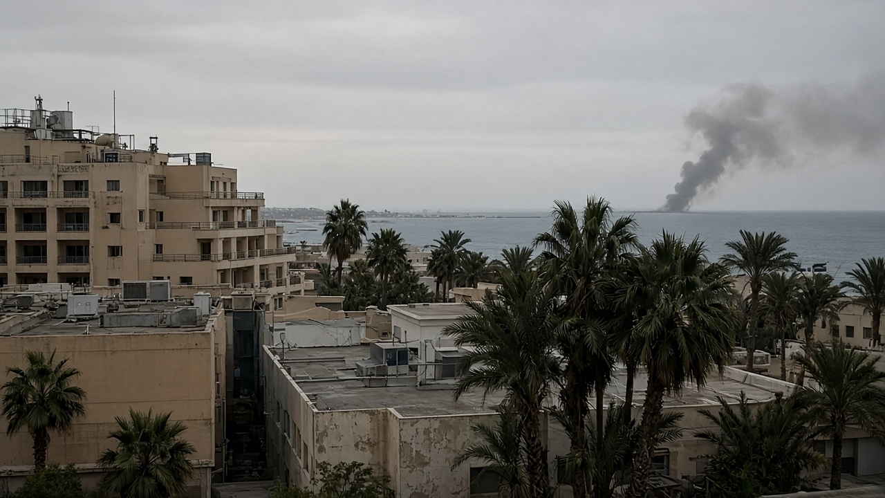 Red Sea coastal hotel rooftops and palm trees under hazy sky with distant smoke plume over water, documentary wire photo, slight underexposure, no faces or readable signage