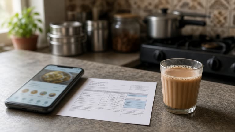 A photoreal Indian kitchen counter with a smartphone showing a food delivery order, a paper credit-card statement, and a cup of chai, soft morning light, no logos or readable text.