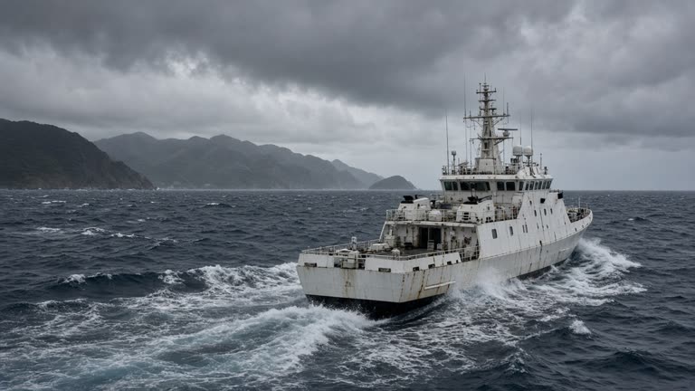 A white-hulled coast guard cutter cuts through choppy open ocean east of a mountainous island coastline under monsoon clouds, radar mast turning, no logos or readable text.