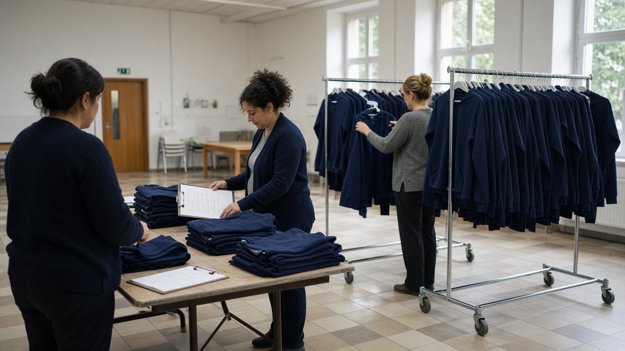 Volunteer parents sorting folded navy school uniforms on metal clothing racks in a bright church hall with a clipboard of handwritten size tags on a folding table, polished tile floor and sunlight through windows, no logos or readable text