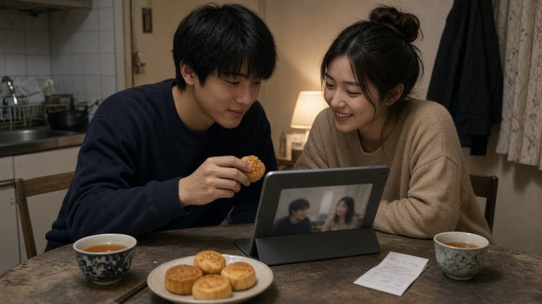 Young couple sharing mooncakes during a tablet video call at a small Hsinchu apartment dining table with a folded highway toll receipt beside tea cups, warm indoor lamp light, no logos or readable text