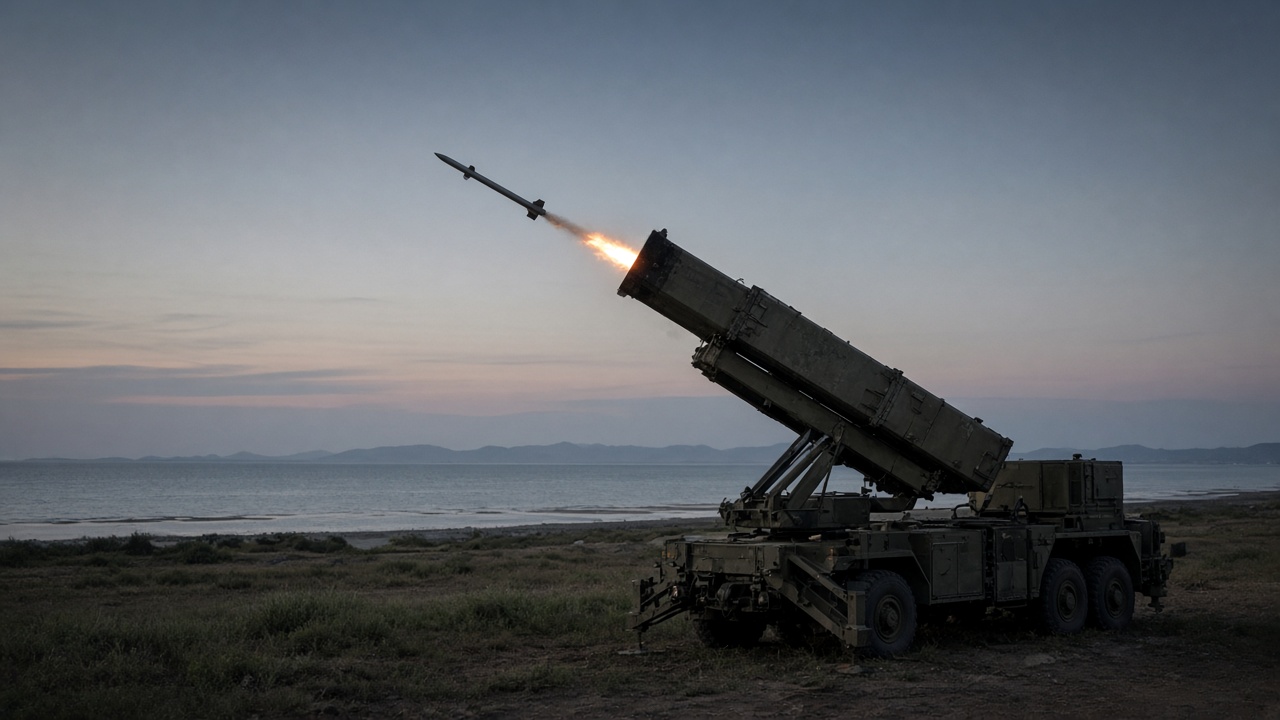A Hsiung Feng anti-ship missile launching from a coastal mobile launcher on Taiwan's western plain at dusk