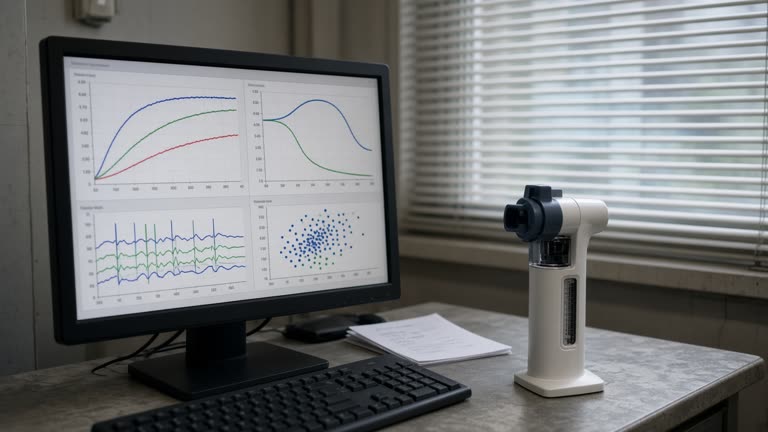 Clinical workstation showing lung function charts on a monitor, handheld peak-flow meter on desk, fluorescent office light through blinds, no logos or readable text