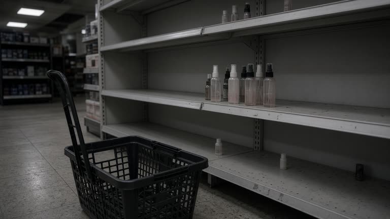 Nearly empty cosmetics shelf with a few setting spray bottles under harsh drugstore fluorescent lights, shopping basket in foreground, vinyl tile floor, no logos or readable text