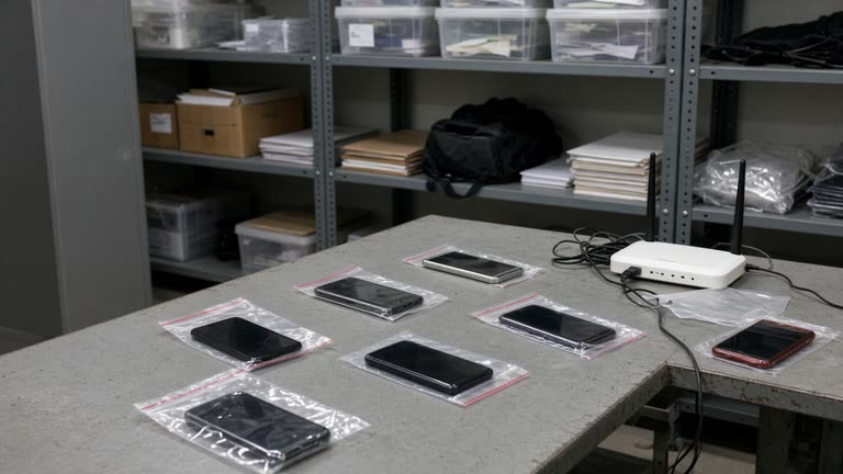 Hyderabad police cyber crime evidence table with smartphones in sealed bags and a consumer router with cables, fluorescent office lighting and grey metal shelving, no logos or readable text