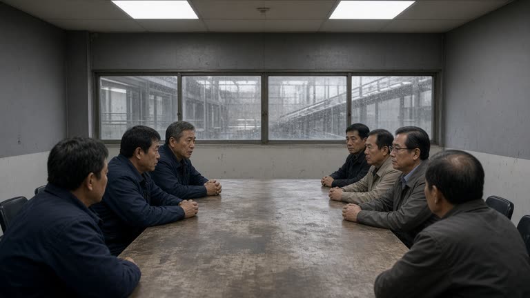 Labor and management negotiators facing each other across a scuffed conference table inside a gray plant annex near an automotive assembly hall in Ulsan, fluorescent ceiling panels and rain on exterior windows, workers in plain work jackets seen from behind, no logos or readable text.