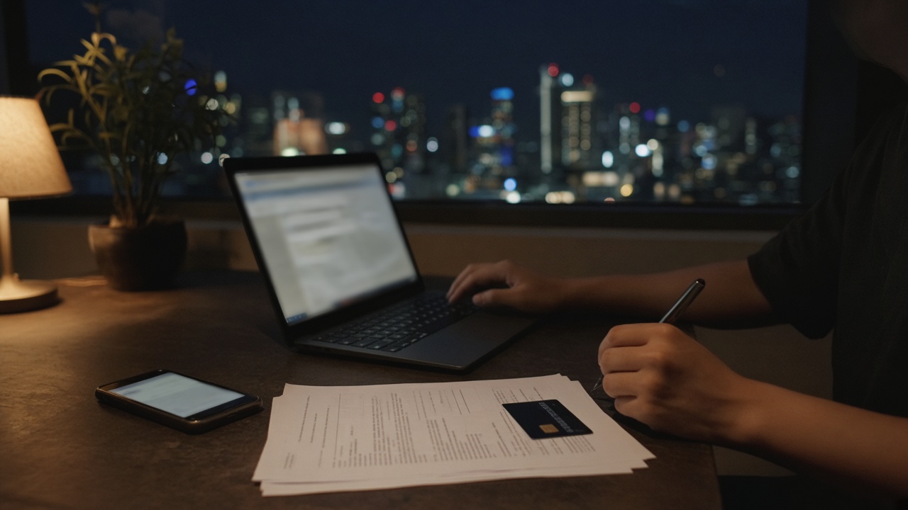 A person in a Singapore flat at night holding a smartphone to their ear while a laptop shows a blurred application form, a stack of documents and a bank card on the table, warm lamp light, photorealistic, no logos or readable text.