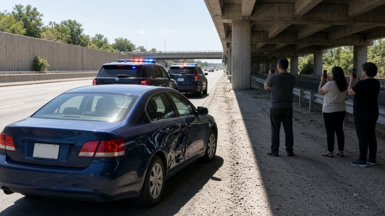 North Austin freeway underpass at midday, blue sedan with passenger-side dent stopped on shoulder, bystanders filming on phones, federal SUVs with lights, no readable plates.