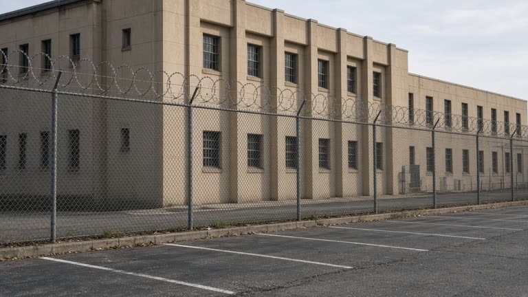Afternoon light on a beige federal detention center exterior, chain-link fence with barbed wire, empty visitor parking row, no readable signage, documentary wire photo