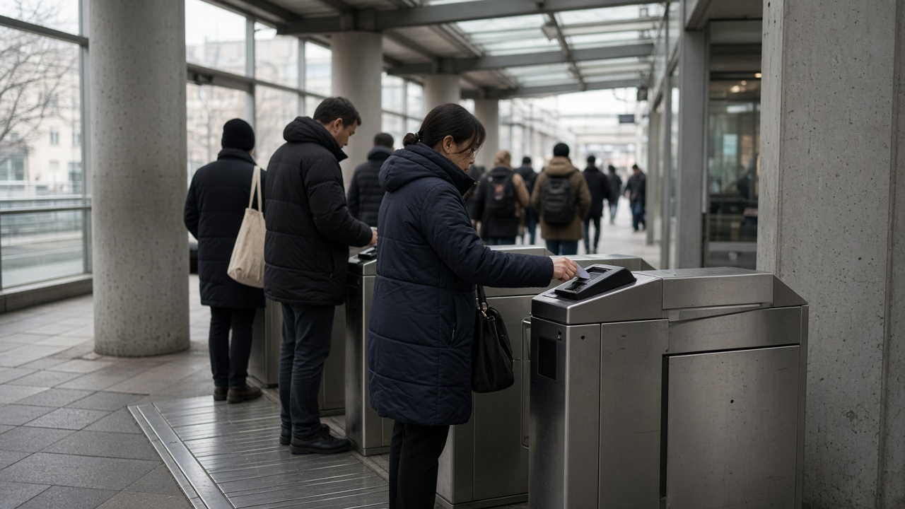 Urban bus rapid transit station platform with passengers tapping plain contactless cards at waist-height fare gates, concrete pillars and muted daylight, no logos or readable text
