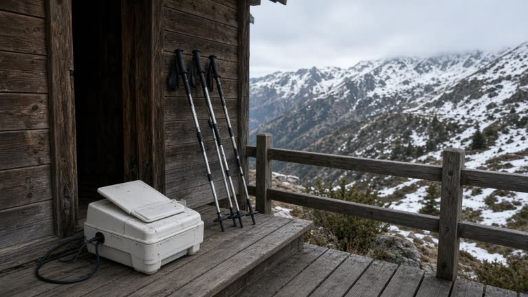 Portable satellite internet terminal on a wooden mountain hut porch with snow patches on nearby ridges, cold morning light, hiking poles leaning on wall, no logos or readable text.