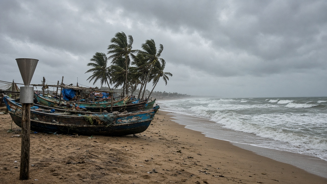 Coastal Andhra fishing boats pulled onto sand under grey monsoon clouds, wind-blown palm fronds, metal rain gauge on a wooden post, churning surf, no logos or readable text