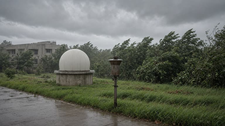 IMD campus weather radar dome and metal rain gauge on a grassy plot under heavy monsoon cloud cover, wet concrete path and wind-blown trees, no logos or readable text