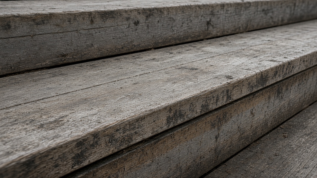 Empty scuffed wooden bleacher plank in overcast daylight, no people, no logos, no readable text