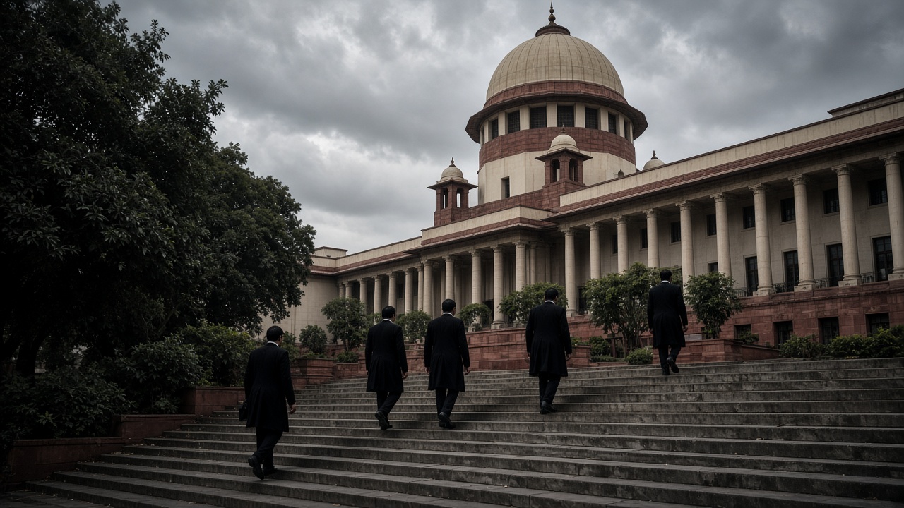 Exterior of India Supreme Court building in New Delhi with advocates in black coats walking up steps, monsoon clouds, documentary wire photo, slight underexposure