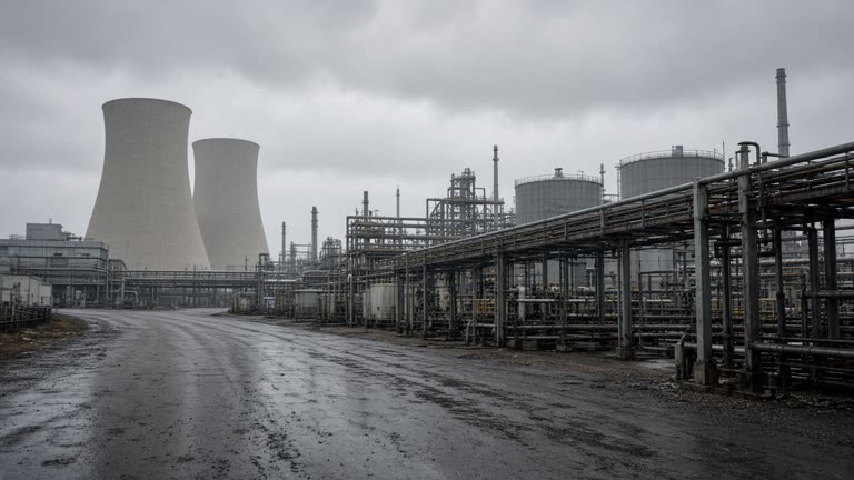 Indian oil refinery cooling towers and pipe racks under hazy monsoon sky with distant storage tanks, wet asphalt service road, no logos or readable text